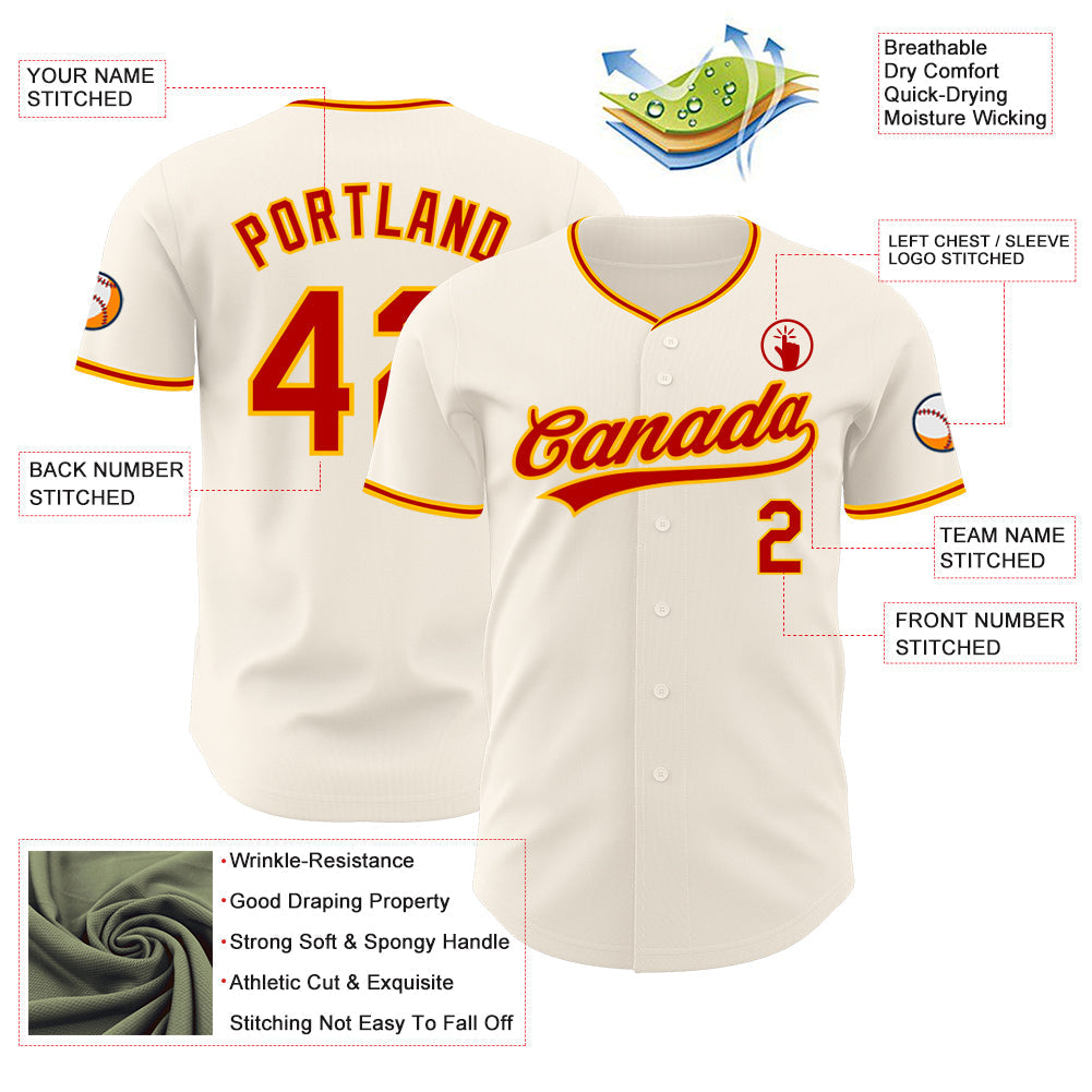 Custom Cream Red-Gold Authentic Baseball Jersey baseball jersey product view 3