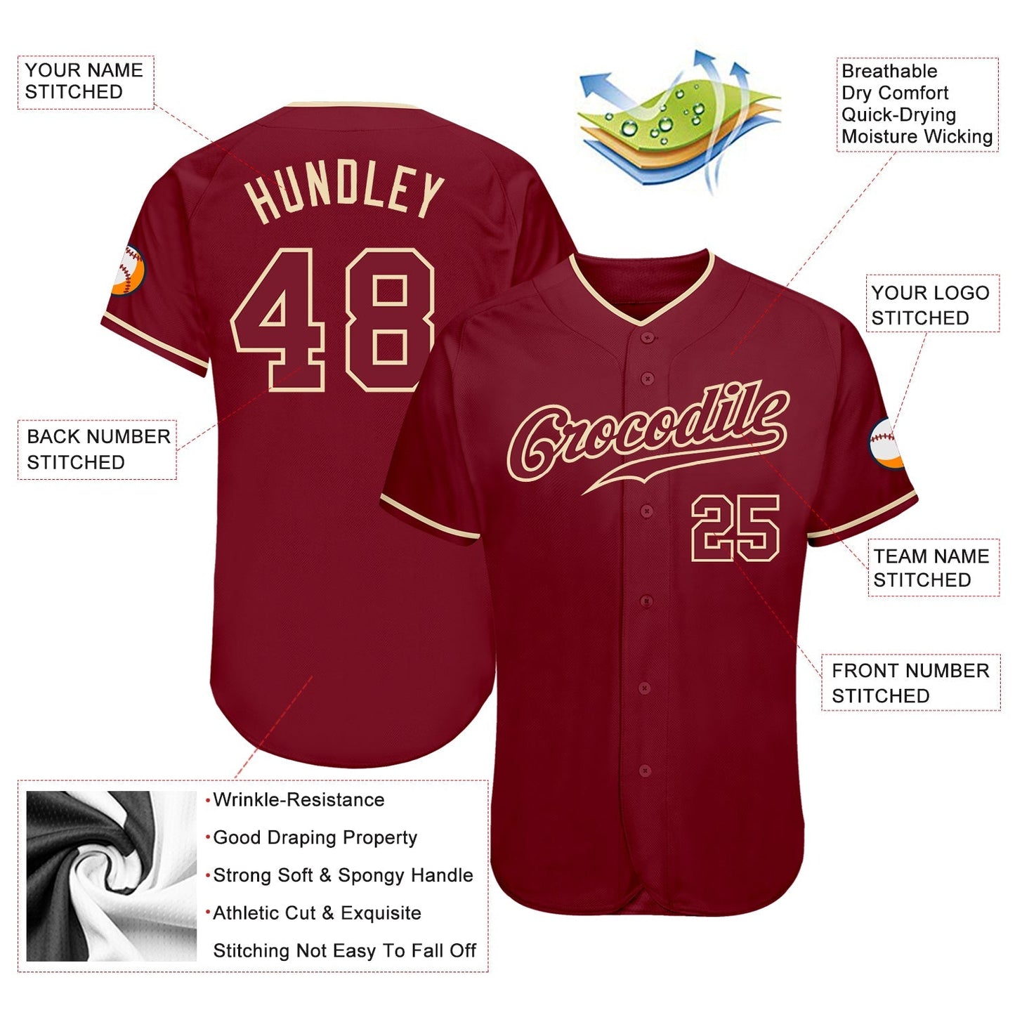 Custom Crimson Crimson-Cream Authentic Baseball Jersey baseball jersey product view 3