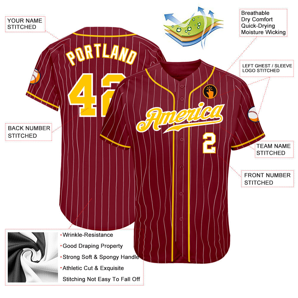Custom Crimson White Pinstripe Gold-White Authentic Baseball Jersey baseball jersey product view 3