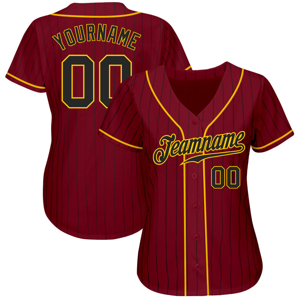 Custom Crimson Black Pinstripe Black-Gold Authentic Baseball Jersey baseball jersey product view 2