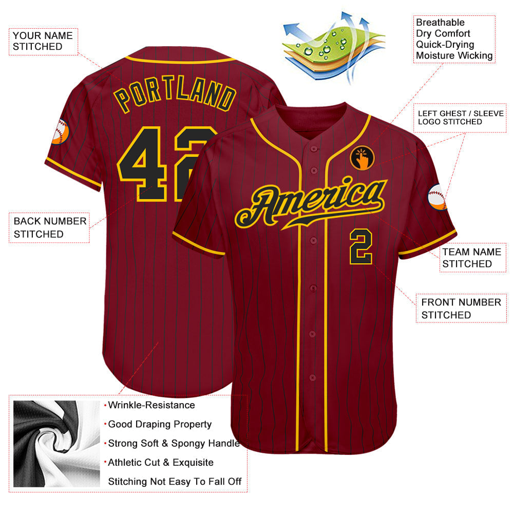 Custom Crimson Black Pinstripe Black-Gold Authentic Baseball Jersey baseball jersey product view 3