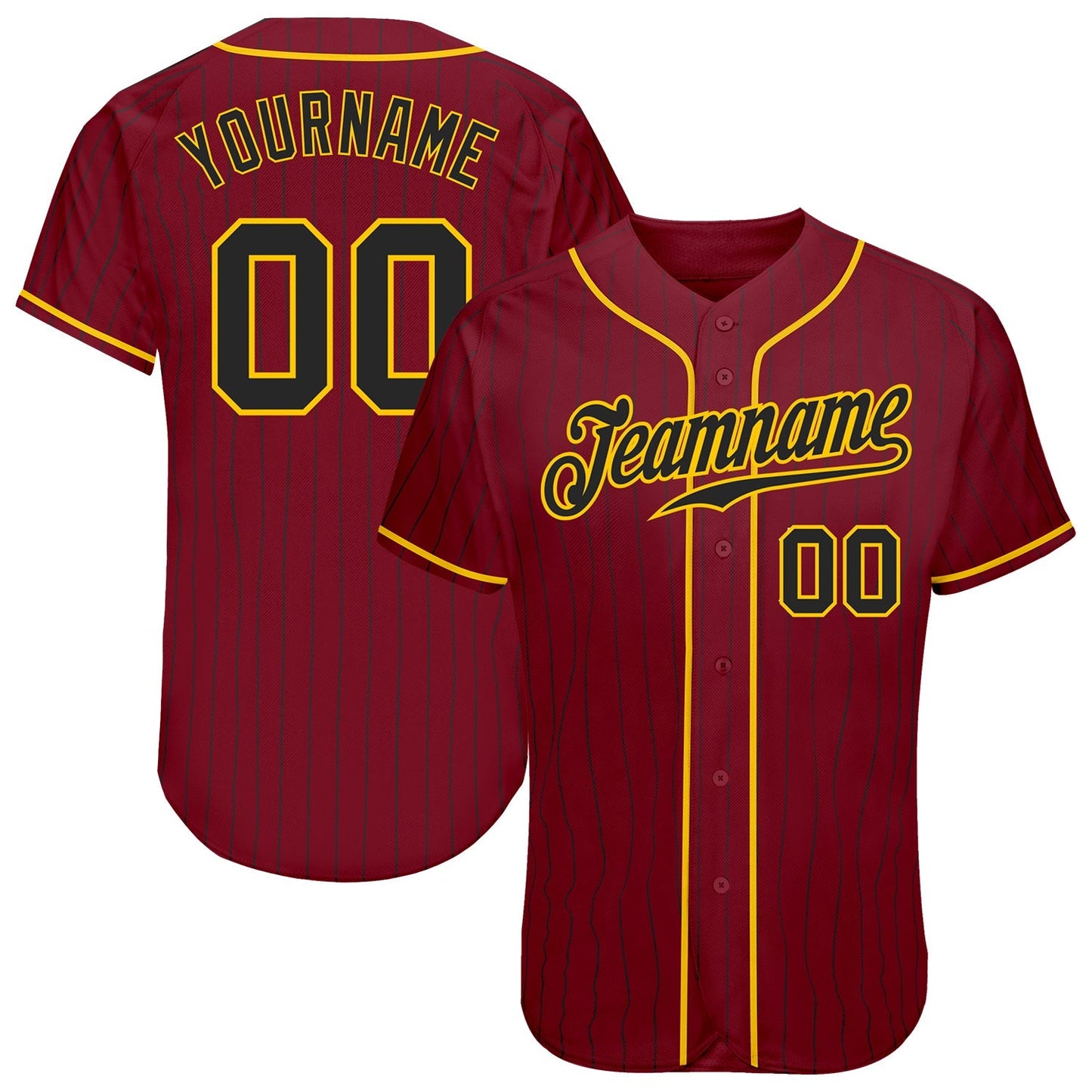 Custom Crimson Black Pinstripe Black-Gold Authentic Baseball Jersey baseball jersey product view 1