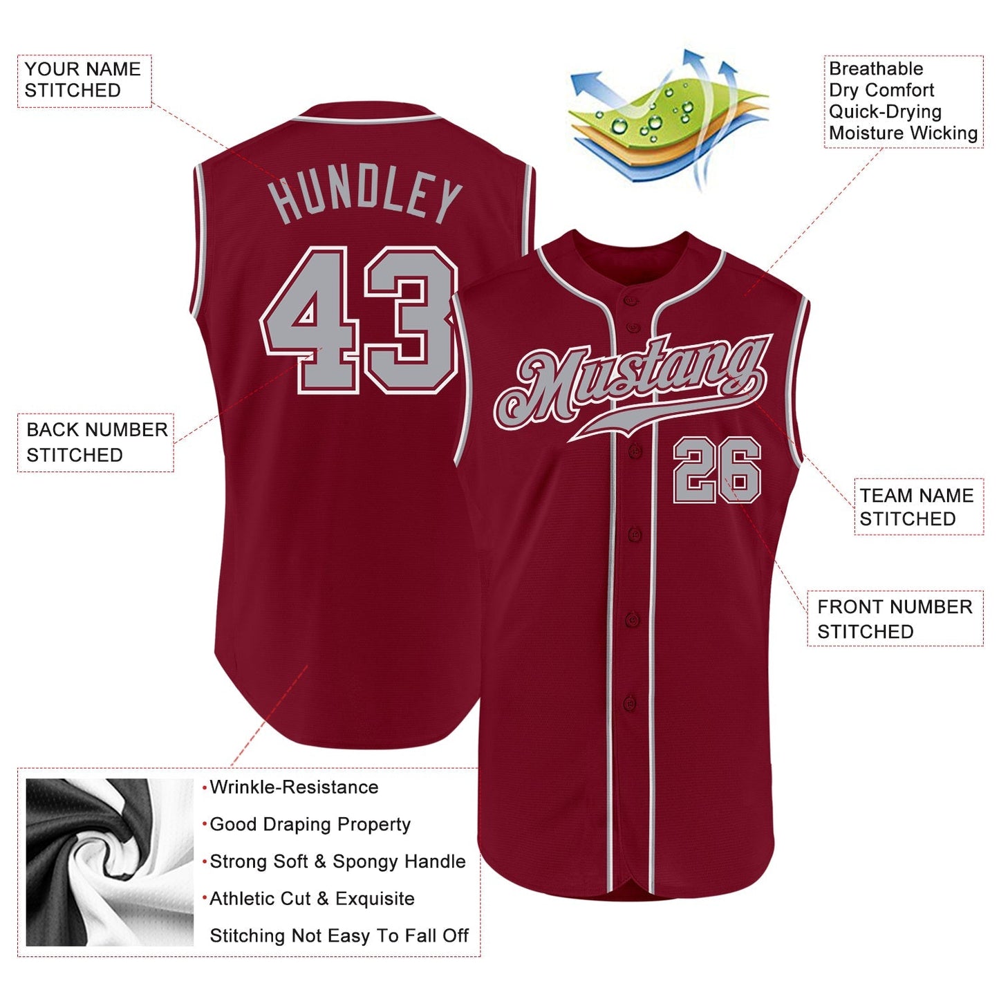Custom Crimson Gray-White Authentic Sleeveless Baseball Jersey baseball jersey product view 2