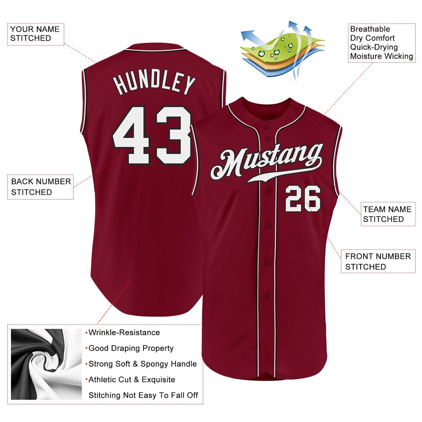 Custom Crimson White-Black Authentic Sleeveless Baseball Jersey baseball jersey product view 2