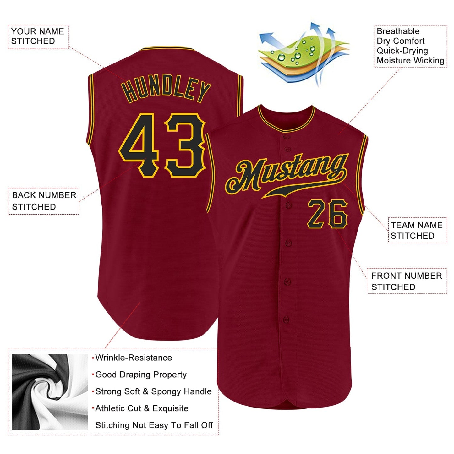 Custom Crimson Black-Gold Authentic Sleeveless Baseball Jersey baseball jersey product view 2