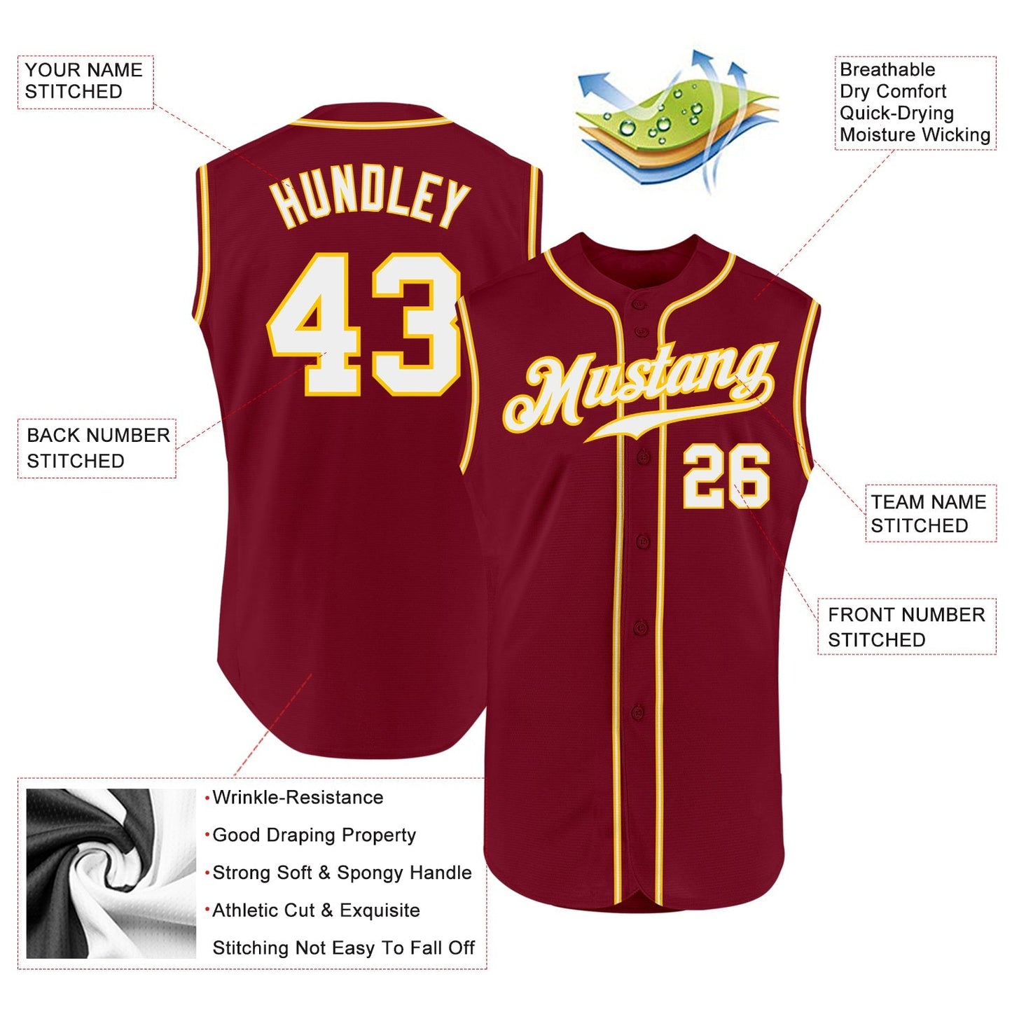 Custom Crimson White-Gold Authentic Sleeveless Baseball Jersey baseball jersey product view 2