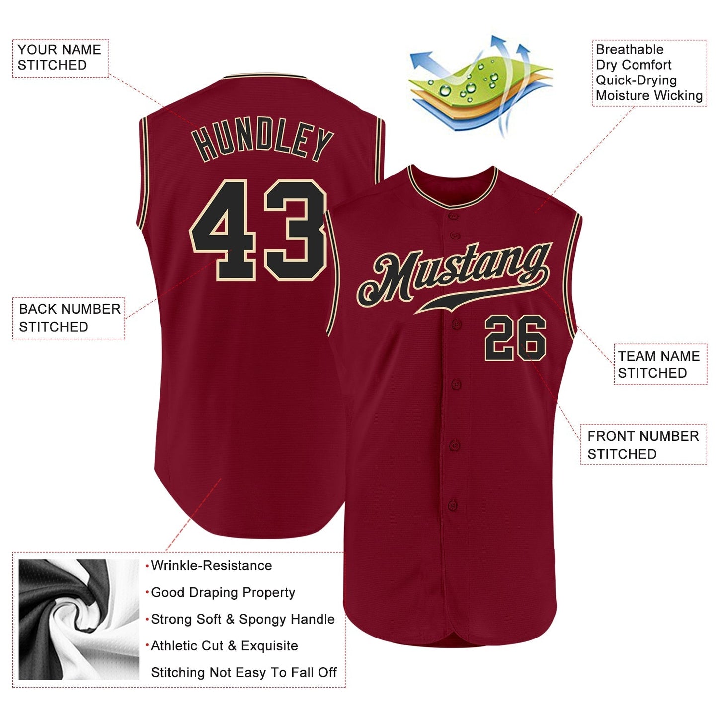 Custom Crimson Black-Cream Authentic Sleeveless Baseball Jersey baseball jersey product view 2
