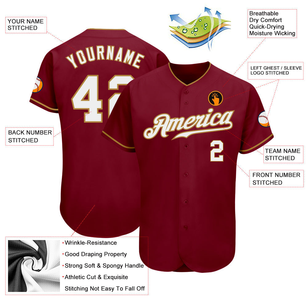 Custom Crimson White-Old Gold Authentic Baseball Jersey baseball jersey product view 3