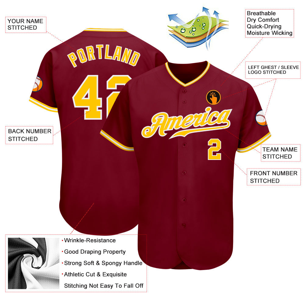 Custom Crimson Gold-White Authentic Baseball Jersey baseball jersey product view 3