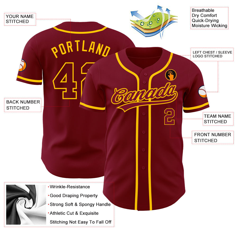 Custom Crimson Crimson-Gold Authentic Baseball Jersey baseball jersey product view 3