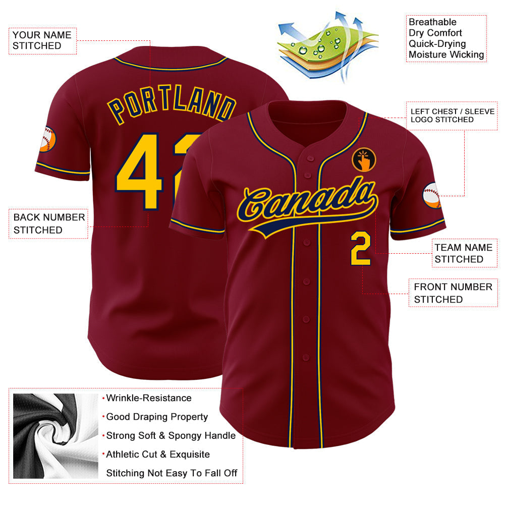 Custom Crimson Gold-Navy Authentic Baseball Jersey baseball jersey product view 3