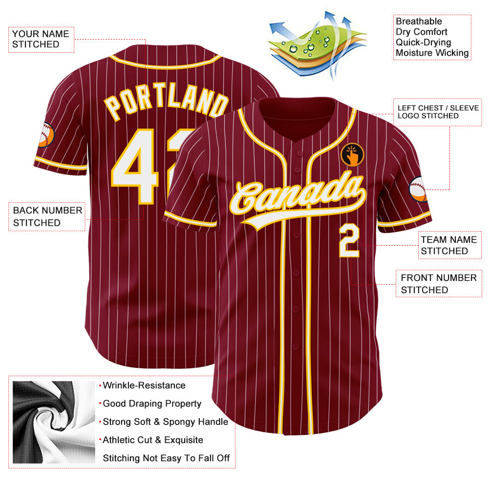Custom Crimson White Pinstripe White-Gold Authentic Baseball Jersey baseball jersey product view 3