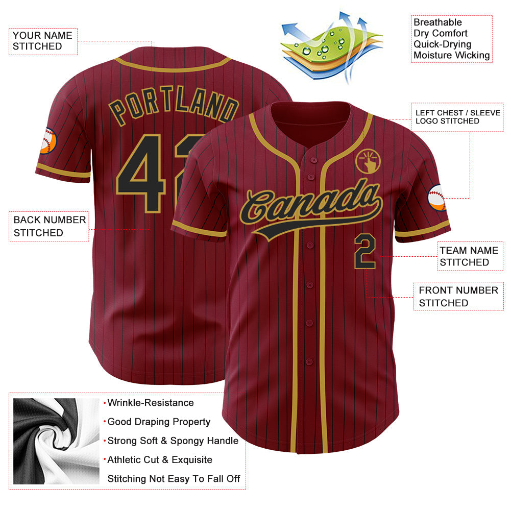 Custom Crimson Black Pinstripe Old Gold Authentic Baseball Jersey baseball jersey product view 4