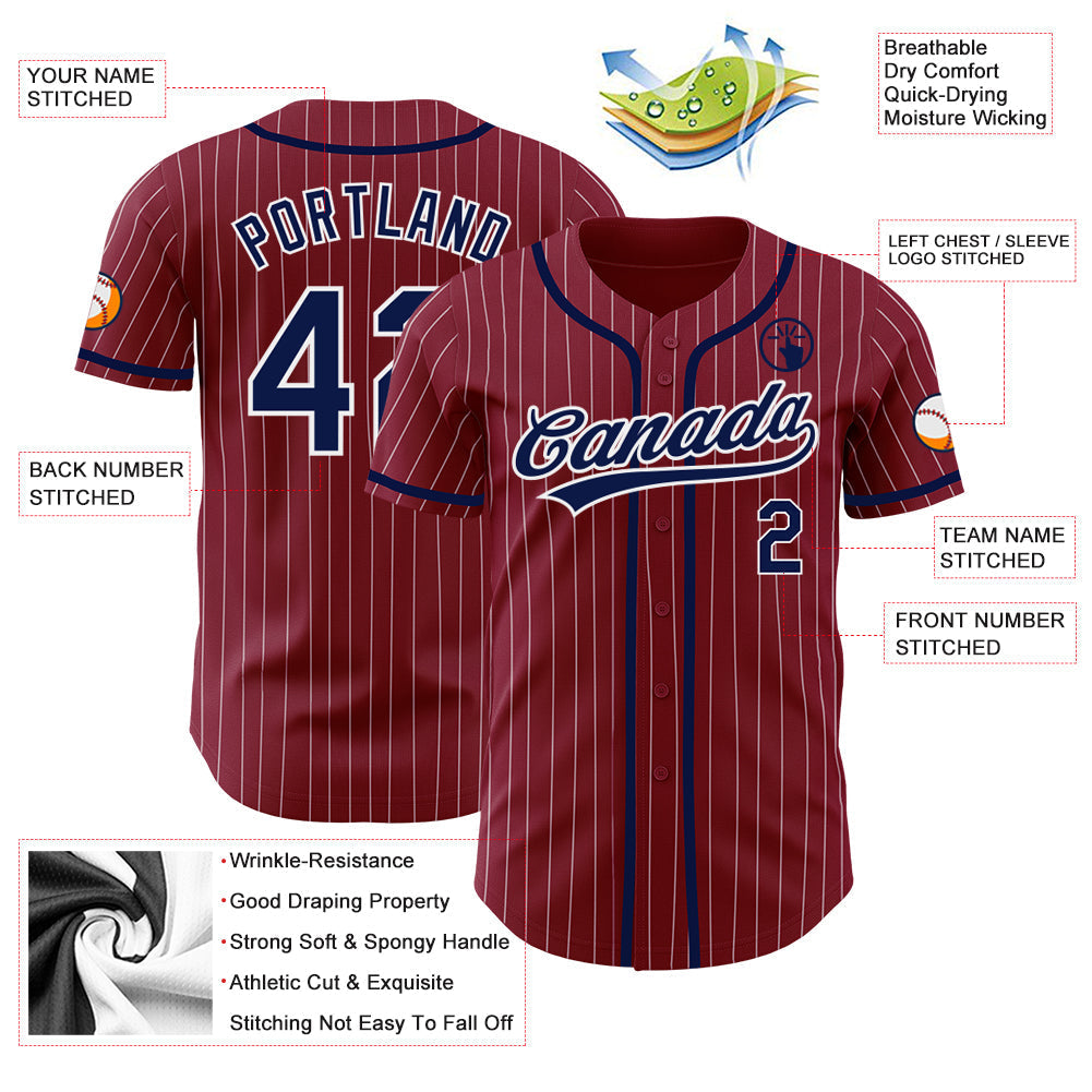 Custom Crimson White Pinstripe Navy Authentic Baseball Jersey baseball jersey product view 3
