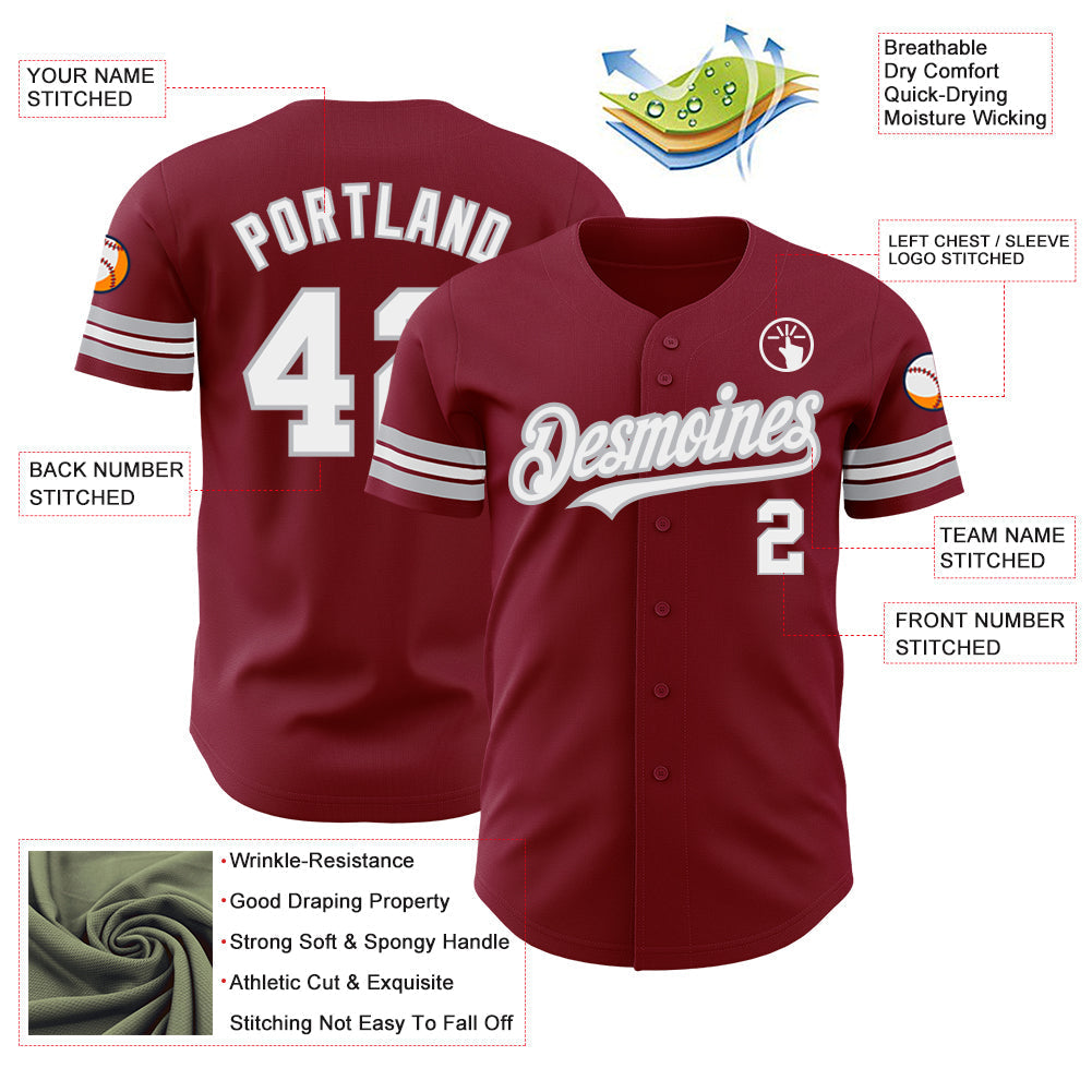 Custom Crimson White-Gray Authentic Baseball Jersey baseball jersey product view 3