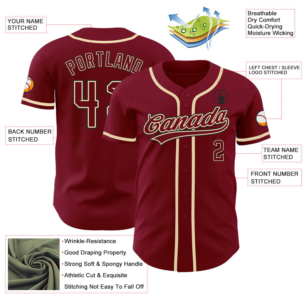 Custom Crimson Cream-Black Authentic Baseball Jersey baseball jersey product view 3