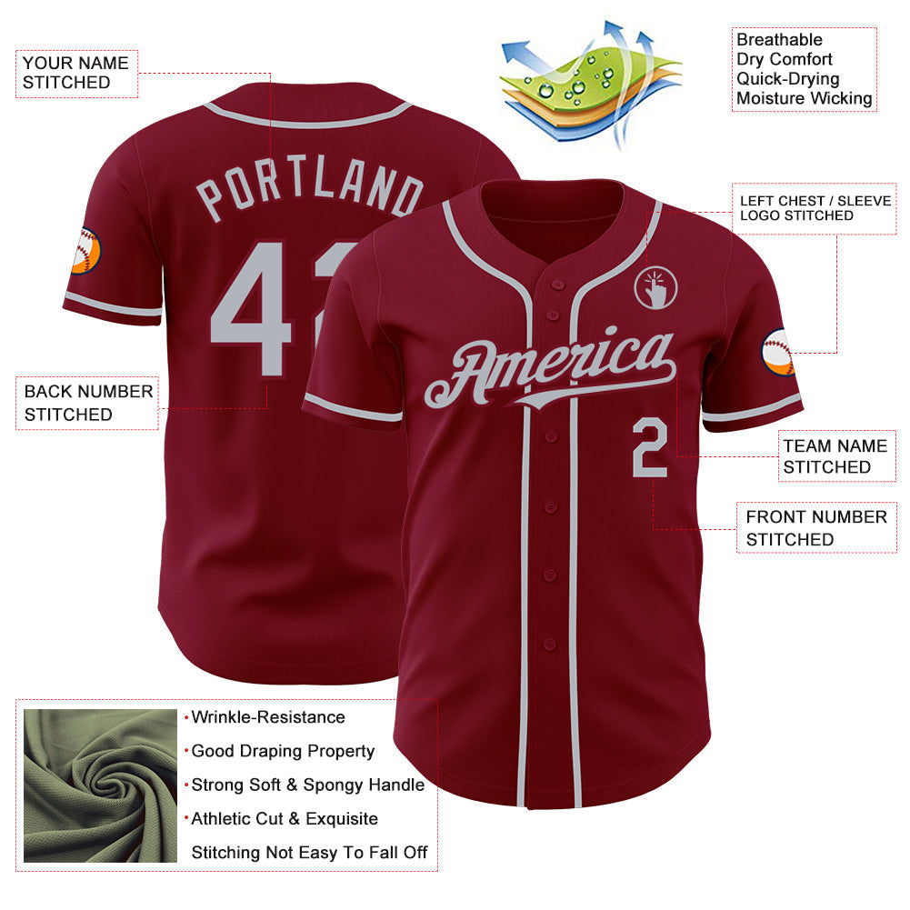 Custom Crimson Gray Authentic Baseball Jersey baseball jersey product view 3