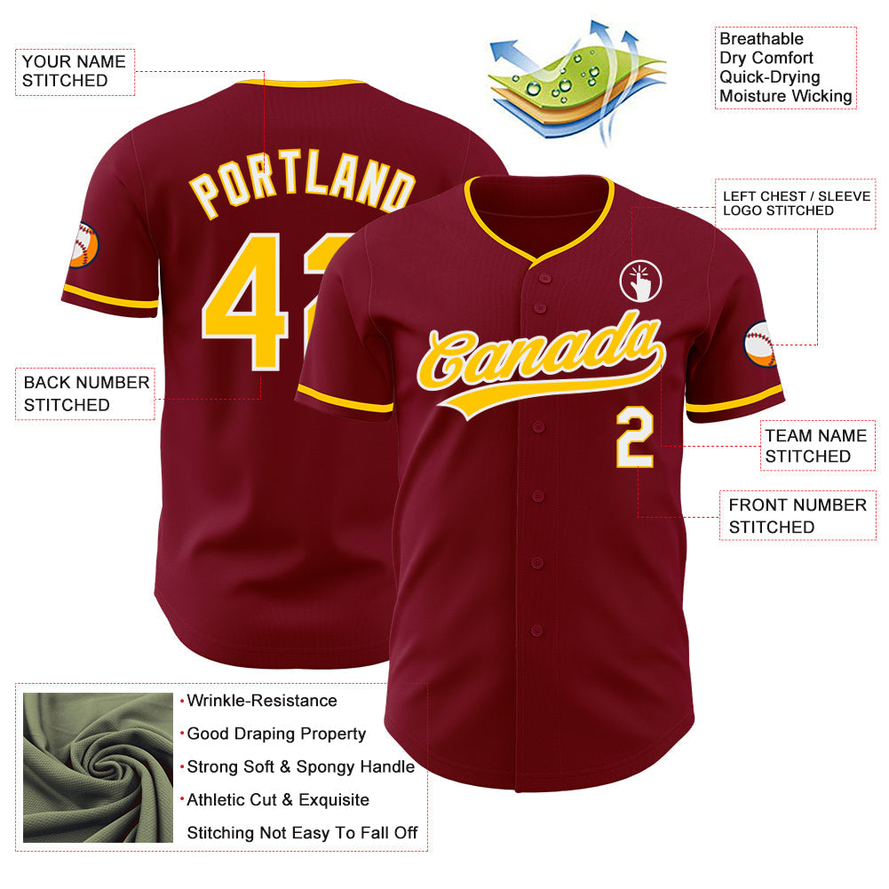 Custom Crimson Yellow-White Authentic Baseball Jersey baseball jersey product view 3
