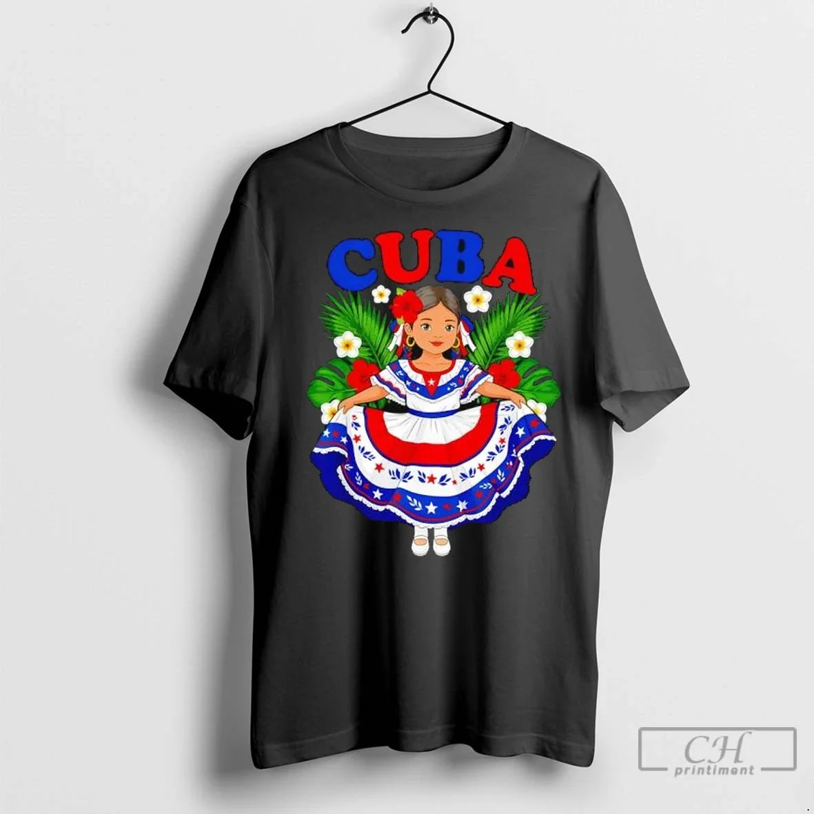 Cuba Cuban Girl Traditional Dress Tropical Flowers T Shirts Unisex T-shirt, Sweatshirt, Hoodie, Long Sleeve Tee - T-Shirt, Sweatshirt, Hoodie