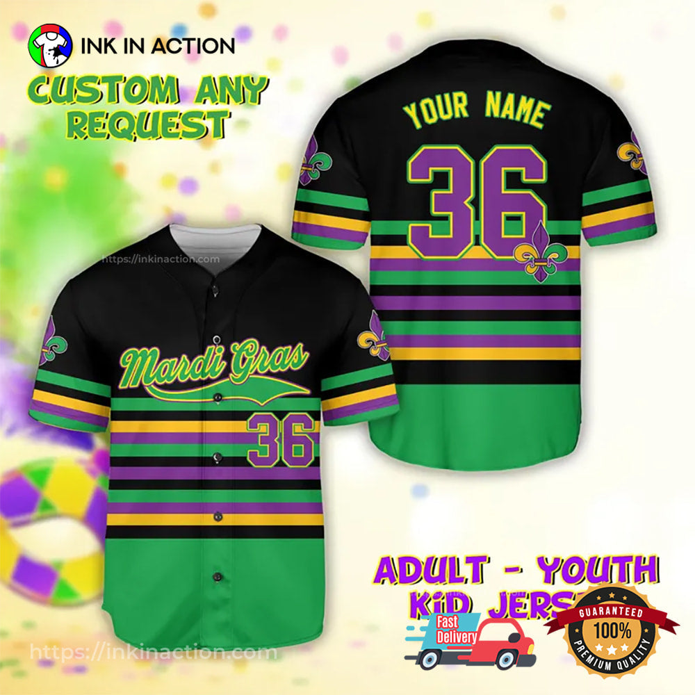 Custom Mardi Gras Fat Tuesday Fleur De Lis Baseball Jersey baseball jersey product view 1