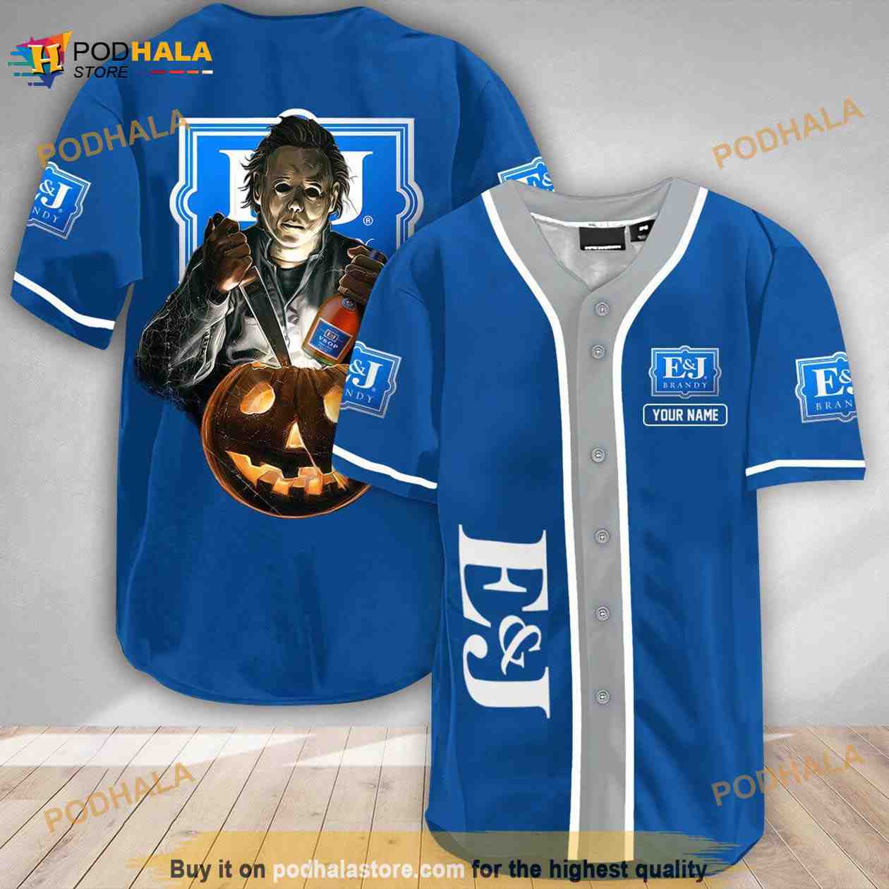 Custom Name Scary Michael Myers Pumpkin E&J Brandy 3D Baseball Jersey baseball jersey product view 1