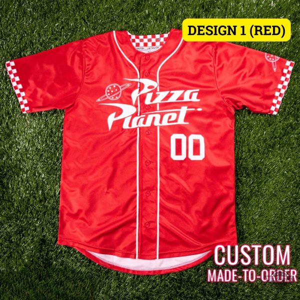 Custom Pizza Planet Baseball Jersey Shirt Red And White NEW baseball jersey product view 1