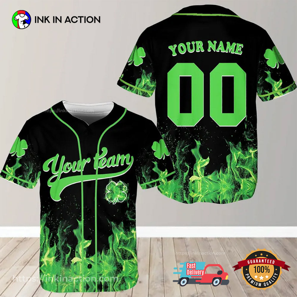 Custom St. Patrick’s Day Green Fire Baseball Jersey baseball jersey product view 1