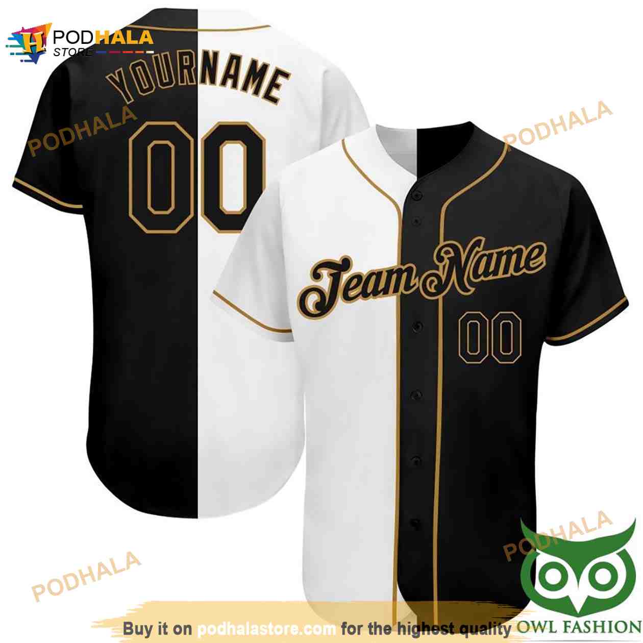 Custom White-black Split Old Gold Authentic Fashion 3D Baseball Jersey baseball jersey product view 1
