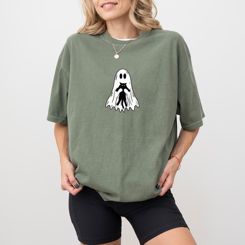 Cute Cat Ghost Funny Hugging Black Halloween Boo Girl - Adult & Kids T-Shirts, Sweatshirts & Hoodies apparel design preview 1