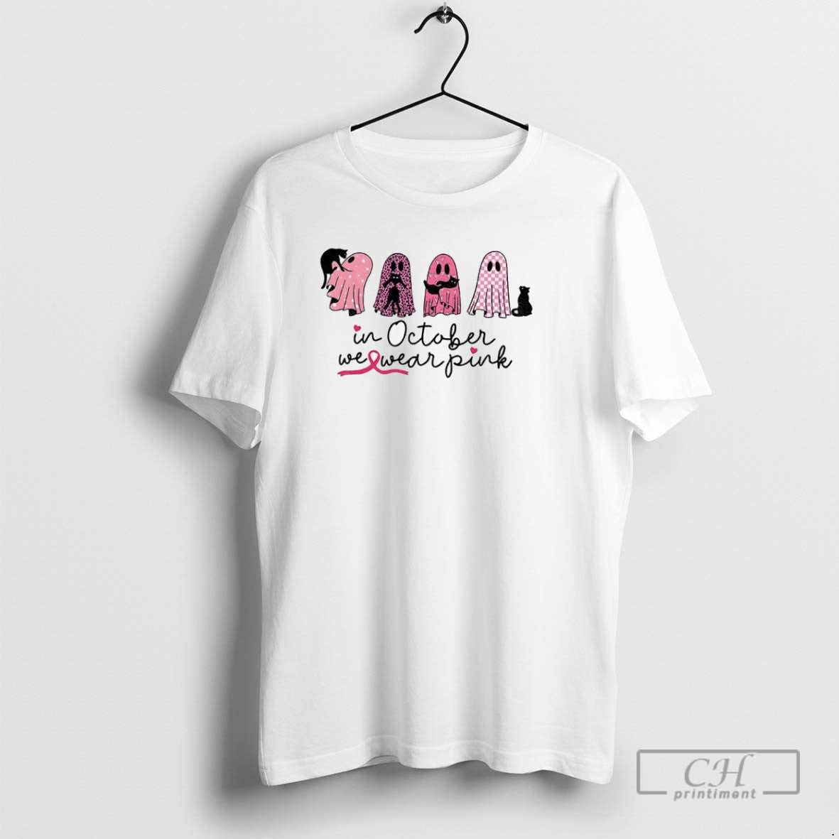 Cute Ghost Black Cat In October We Wear Pink Spooky Halloween T Shirts Unisex T-shirt, Sweatshirt, Hoodie, Long Sleeve Tee - T-Shirt, Sweatshirt, Hoodie