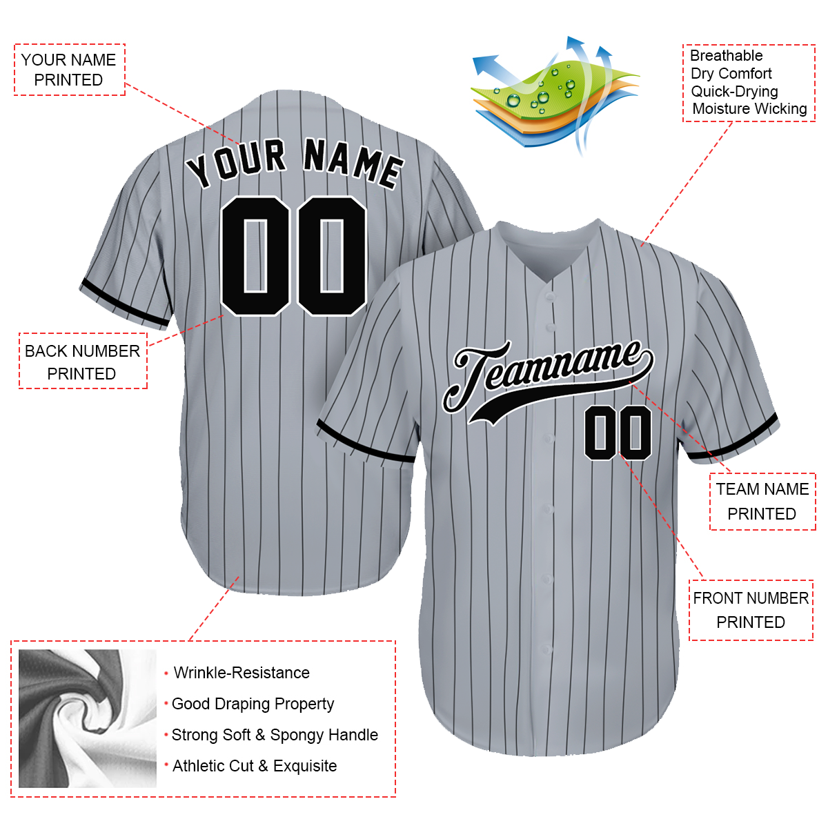 Custom Jersey Baseball - Gift Ideas For Baseball Fans - Pinstripe Gray Black - Father's Day Gifts Baseball baseball jersey product view 2