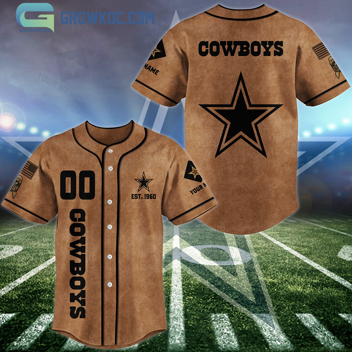 Dallas Cowboys Brown American Flag Personalized Baseball Jersey baseball jersey product view 1