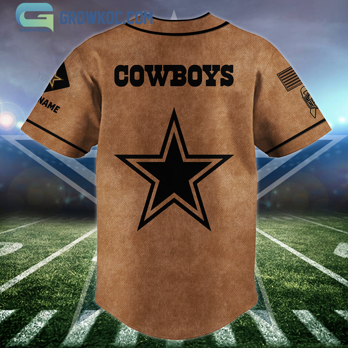 Dallas Cowboys Brown American Flag Personalized Baseball Jersey baseball jersey product view 2