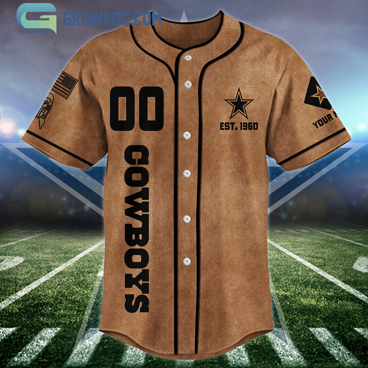 Dallas Cowboys Brown American Flag Personalized Baseball Jersey baseball jersey product view 3