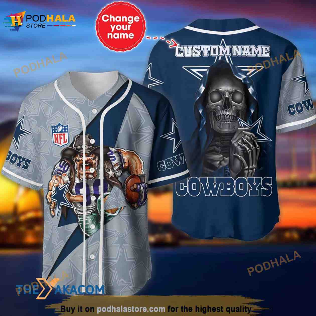 Dallas Cowboys Skull Pattern Personalized Custom Name 3D Baseball Jersey Shirt baseball jersey product view 1