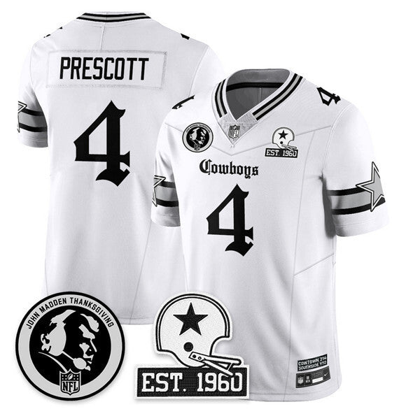 Dallas Cowboys #4 Dak Prescott White 2025 F.U.S.E. With John Madden Patch & Football Jersey football jersey product view 1