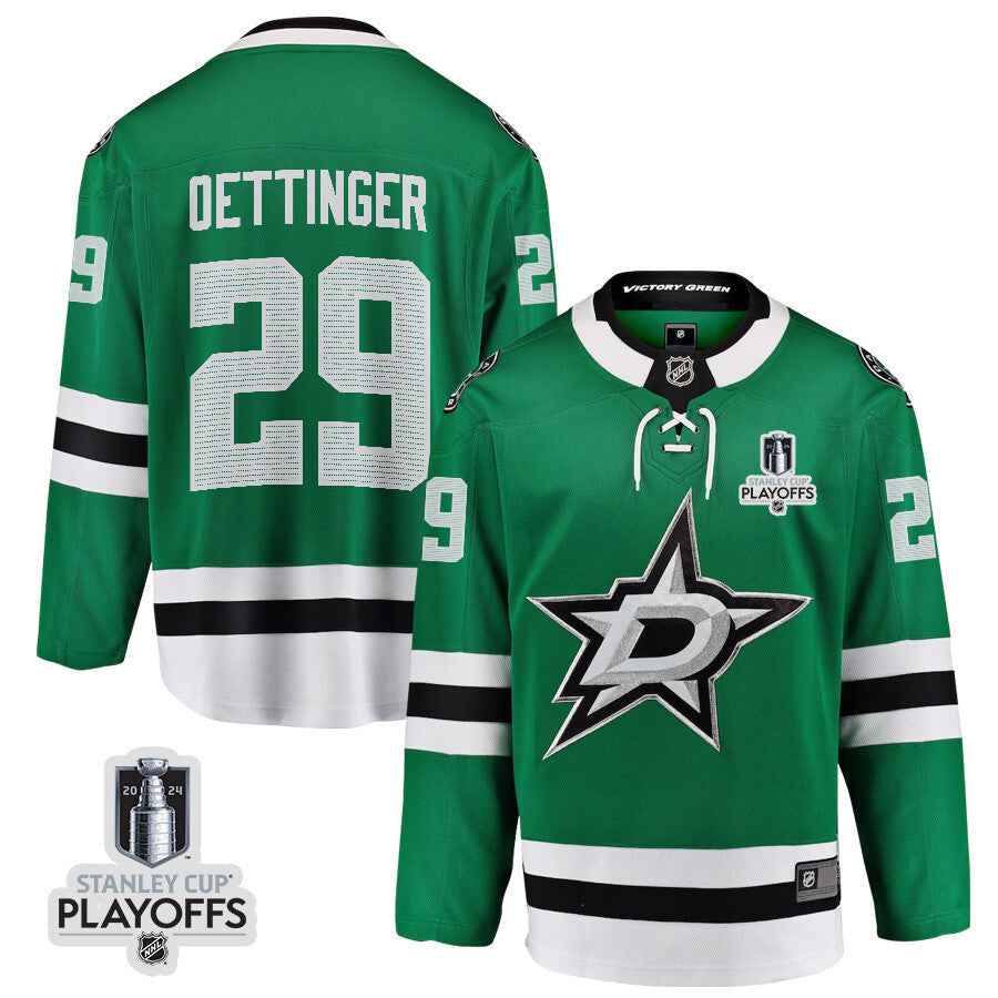 Dallas Stars #29 Jake Oettinger 2024 NHL Playoffs Patch Home Jersey Hockey Jersey hockey jersey product view 1