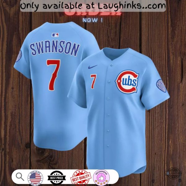 Dansby Swanson Number 7 Chicago Cubs Baby Blue Baseball Jersey Shirt Replica baseball jersey product view 1