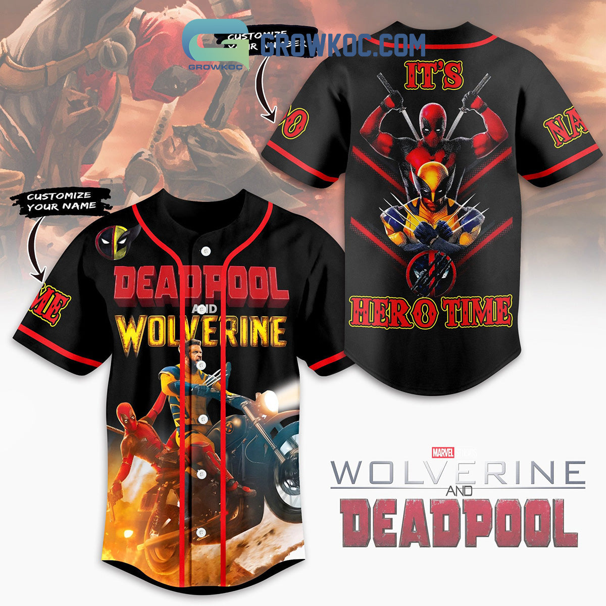 Deadpool Wolverine It’s Hero Time Personalized Baseball Jersey baseball jersey product view 1