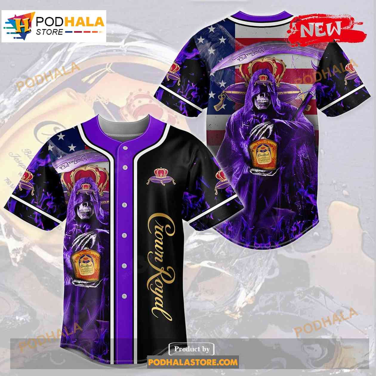 Death Hodling Crown Royal Usa Flag Flame All Over Print 3d Purple Baseball Jersey baseball jersey product view 1