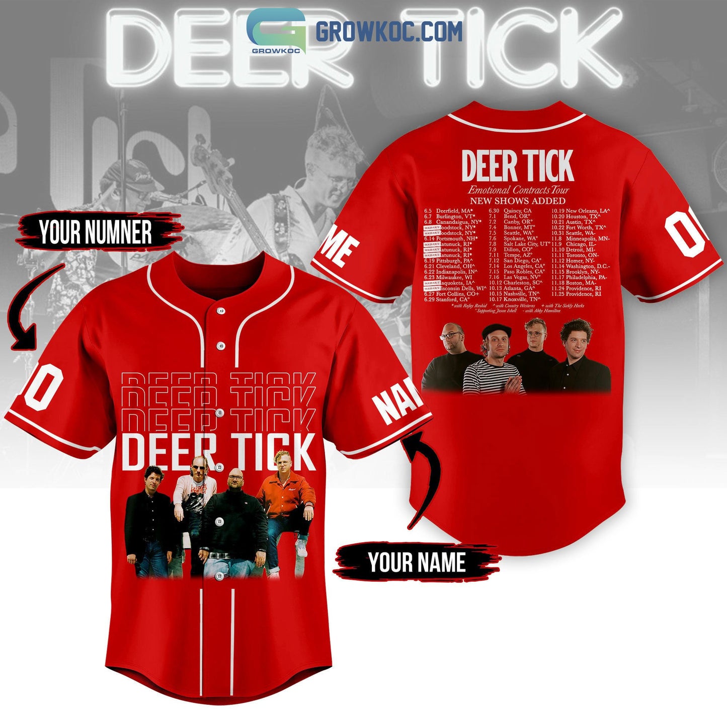Deer Tick Emotional Contracts Tour Personalized Red Design Baseball Jersey baseball jersey product view 1