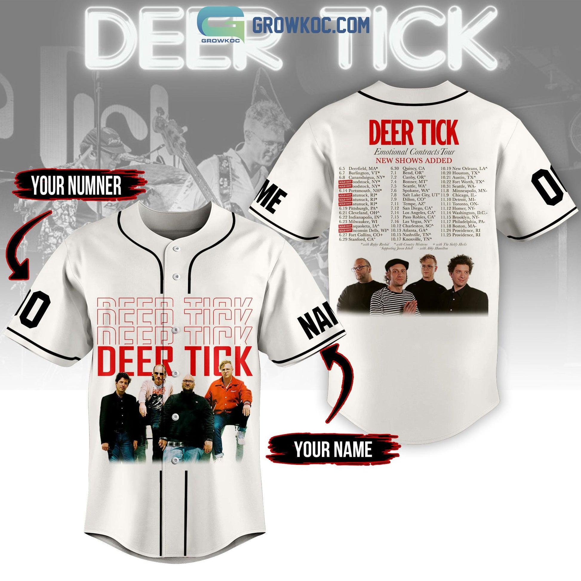 Deer Tick Emotional Contracts Tour Personalized White Design Baseball Jersey baseball jersey product view 1
