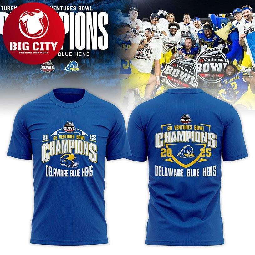 Delaware Fightin Blue Hens 2025 68 Ventures Bowl Champions Two Sided Shirt Unisex T-shirt, Sweatshirt, Hoodie, Long Sleeve Tee - T-Shirt, Sweatshirt, Hoodie