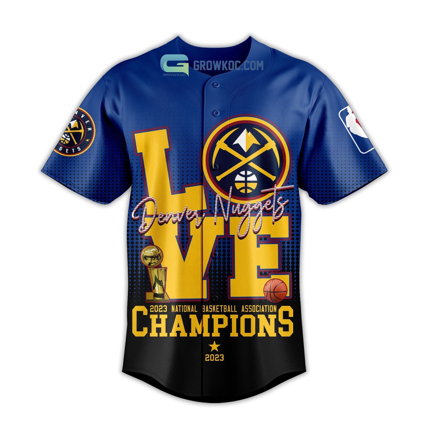 Denver Nuggets Love Team 2023 National Basketball Association Champions Black Blue Design Baseball Jersey baseball jersey product view 2
