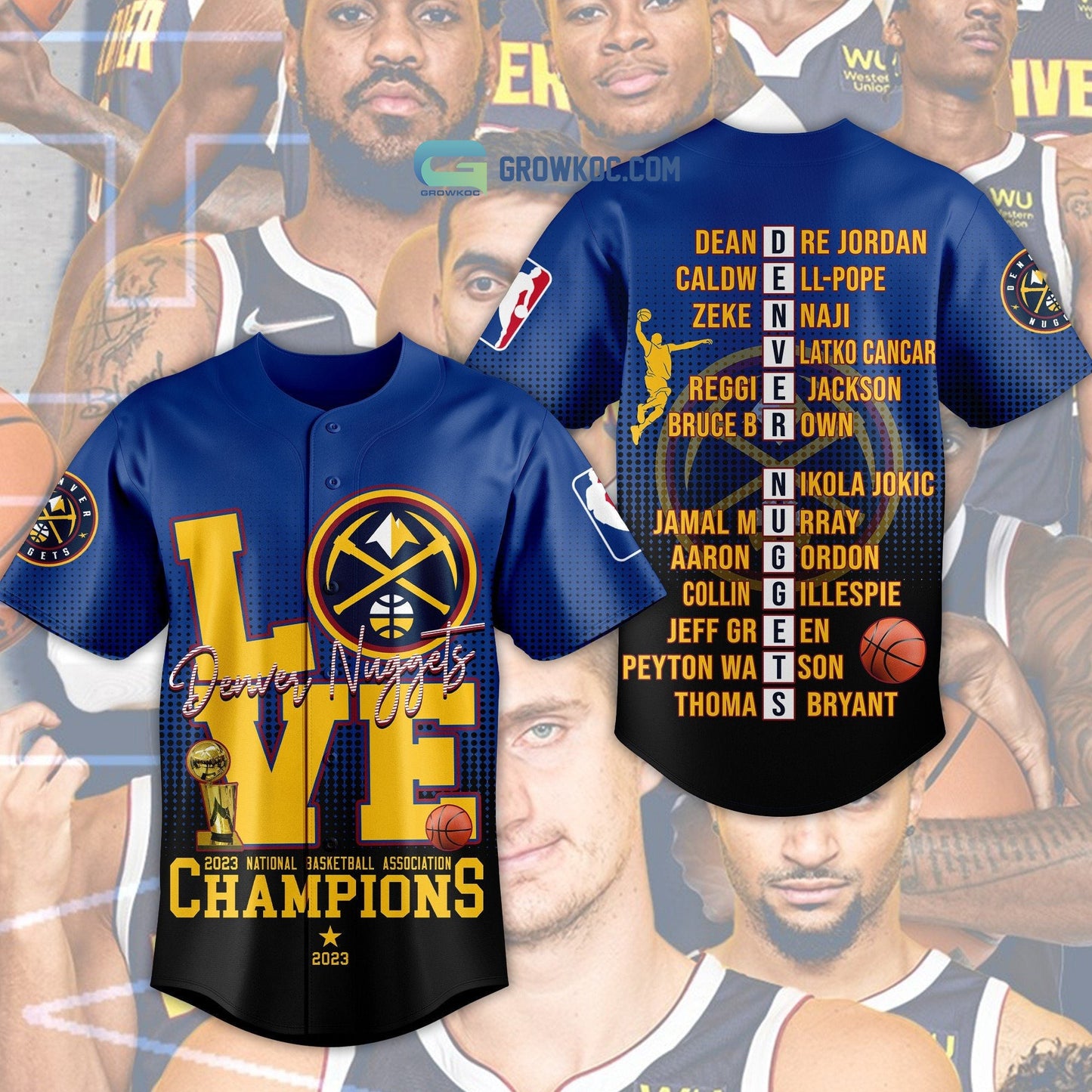 Denver Nuggets Love Team 2023 National Basketball Association Champions Black Blue Design Baseball Jersey baseball jersey product view 3