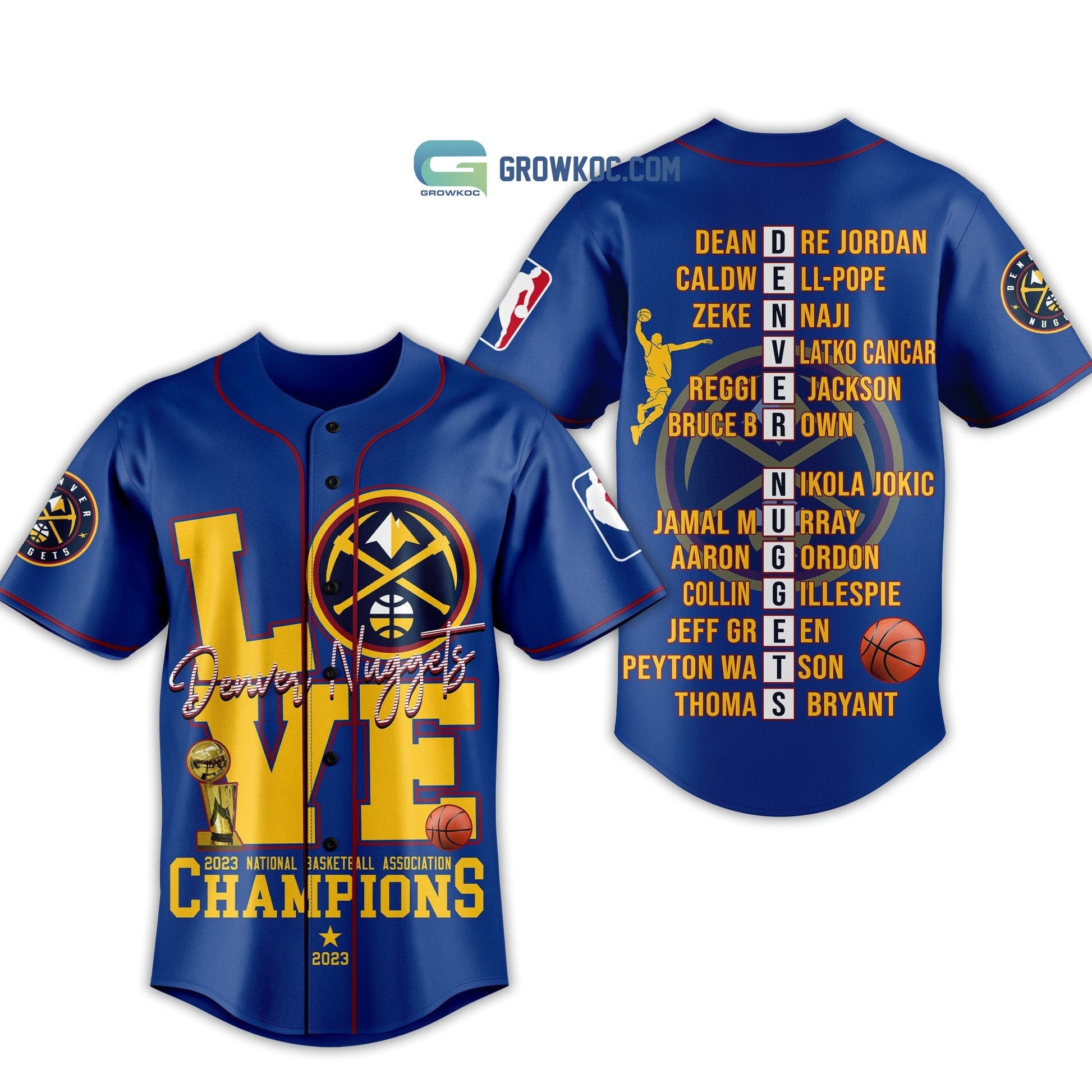 Denver Nuggets Love Team 2023 National Basketball Association Champions Blue Design Baseball Jersey baseball jersey product view 1