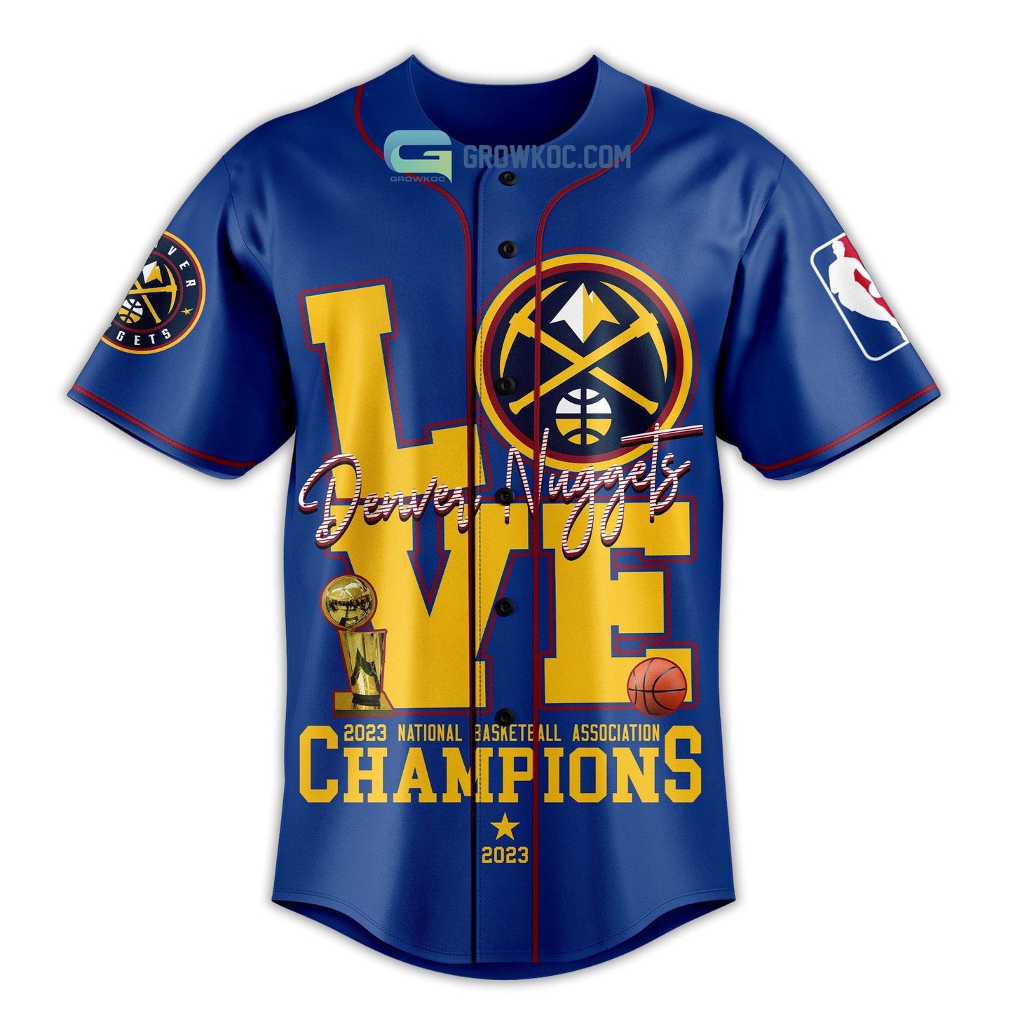 Denver Nuggets Love Team 2023 National Basketball Association Champions Blue Design Baseball Jersey baseball jersey product view 2