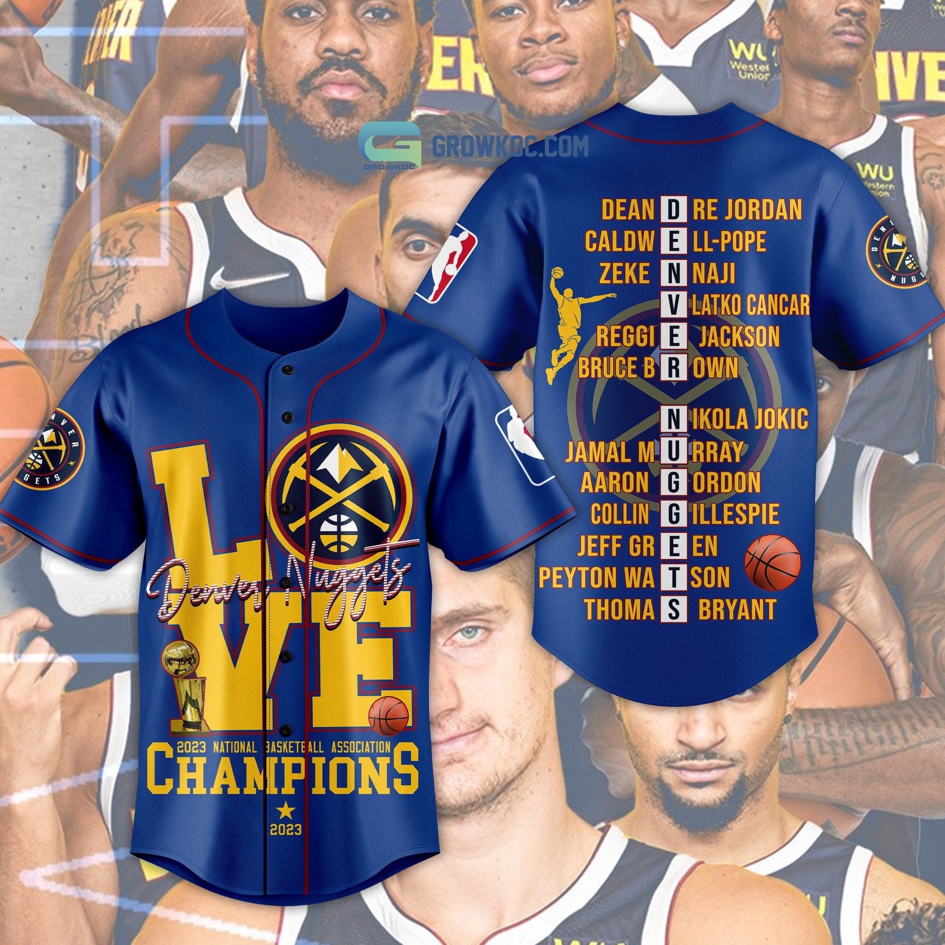 Denver Nuggets Love Team 2023 National Basketball Association Champions Blue Design Baseball Jersey baseball jersey product view 4