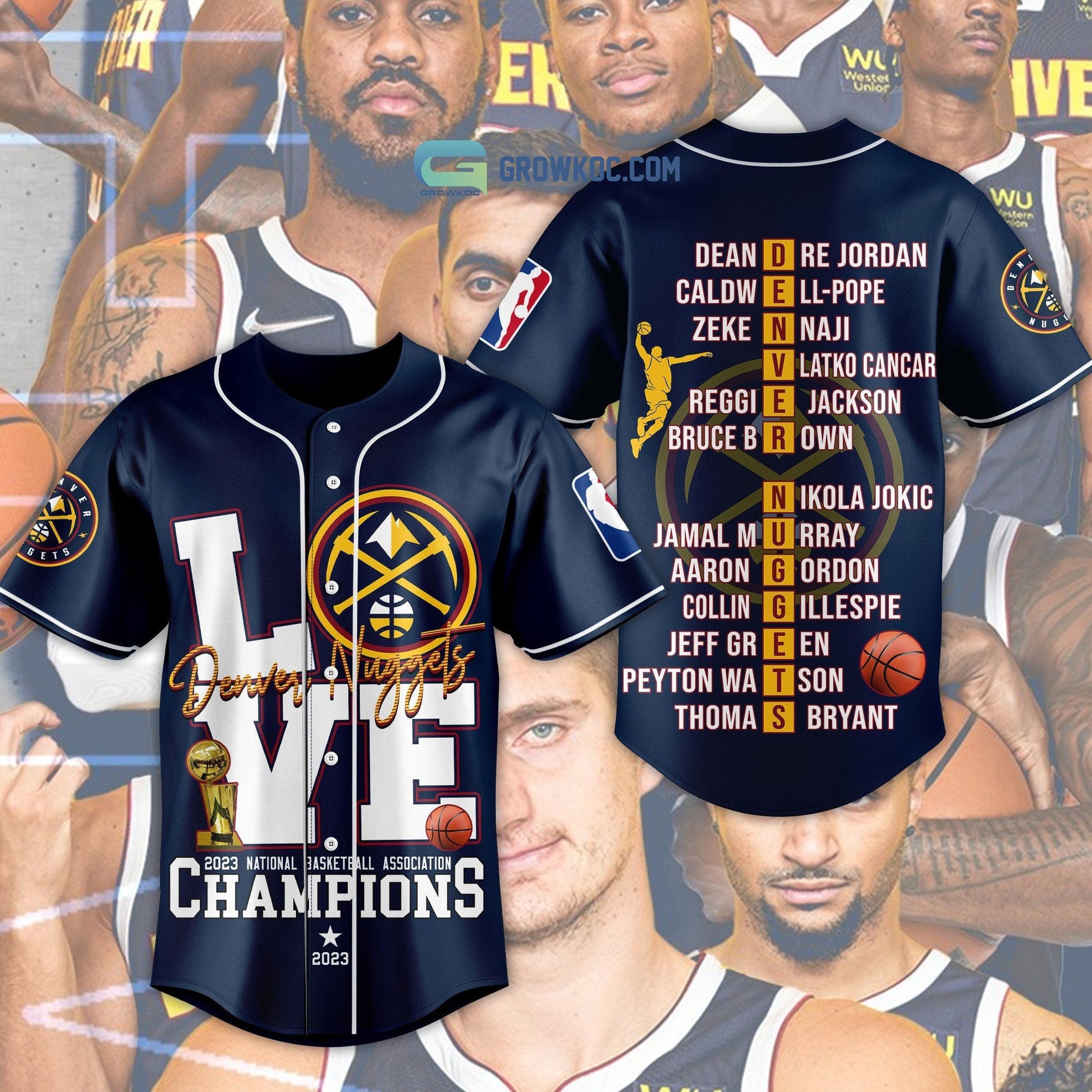Denver Nuggets Love Team 2023 National Basketball Association Champions Navy Design Baseball Jersey baseball jersey product view 1