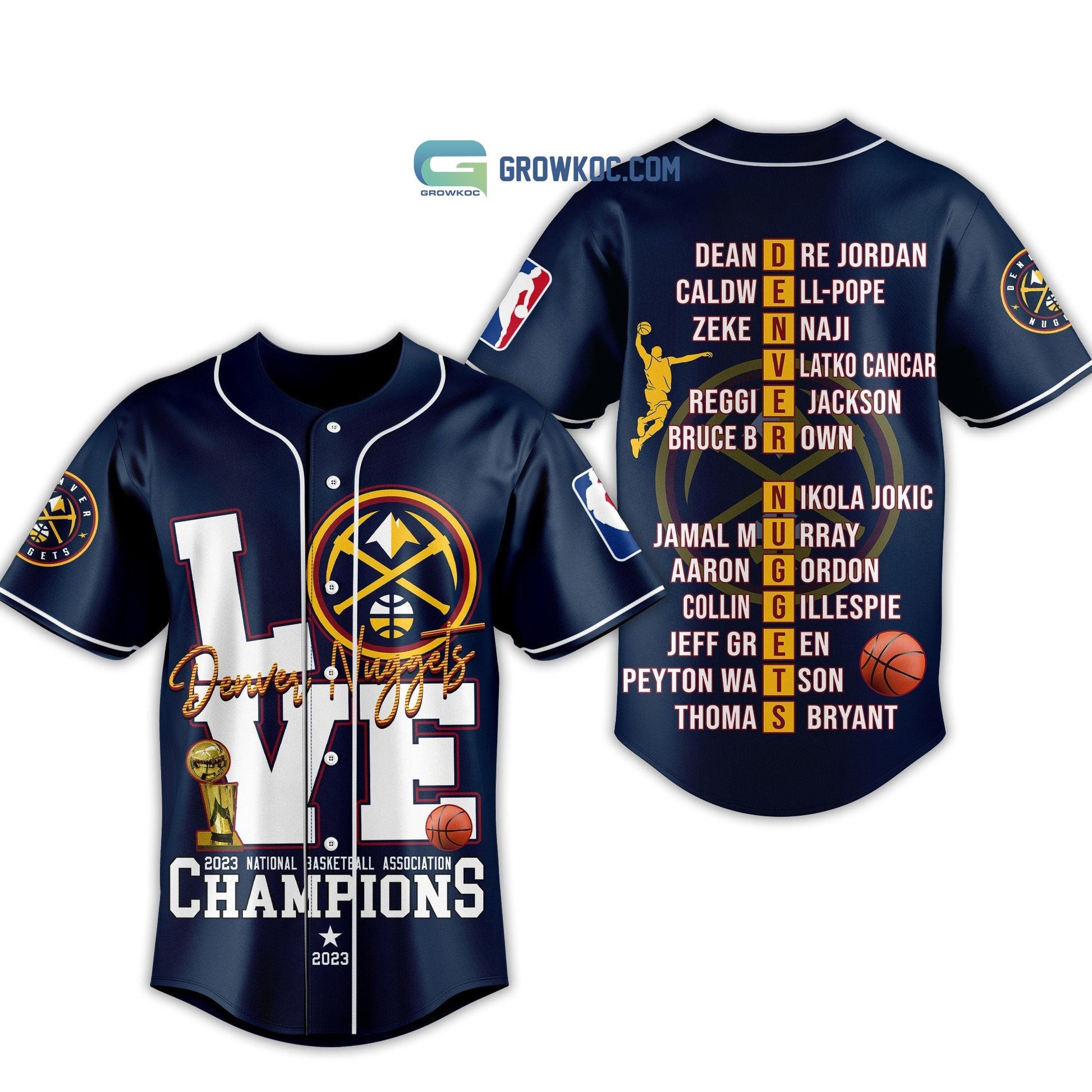 Denver Nuggets Love Team 2023 National Basketball Association Champions Navy Design Baseball Jersey baseball jersey product view 3
